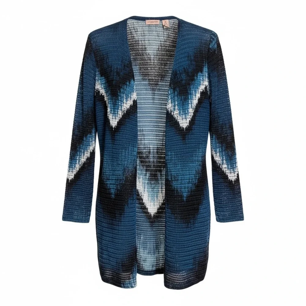 Chico's Easywear Teal Black Chevron Knit Open Front Cardigan Sweater Size 2 L 12